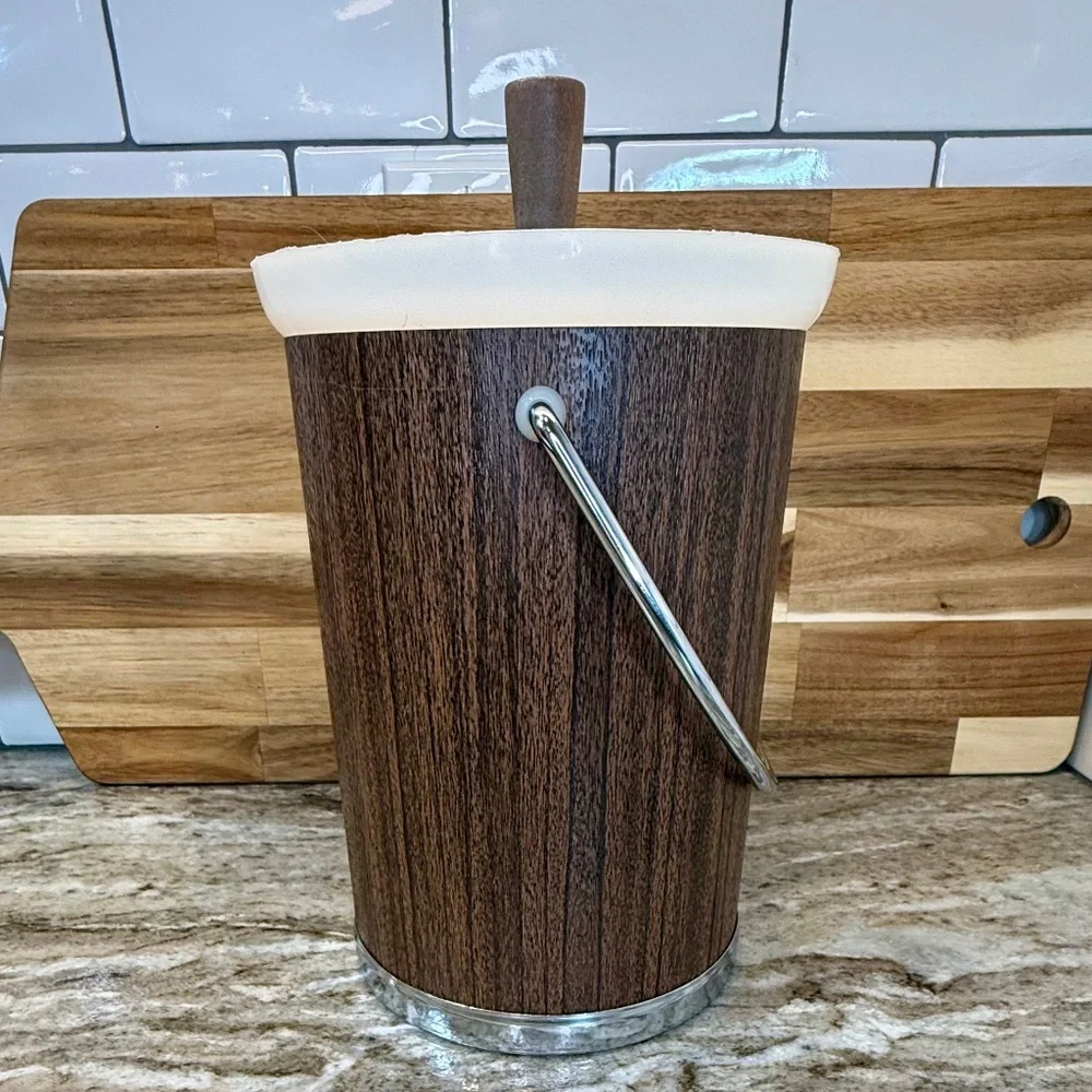 🧊 Vintage Kromex Faux Wood Ice Bucket w/ Silver Tongs — Mid‑Century Charm! 🍸